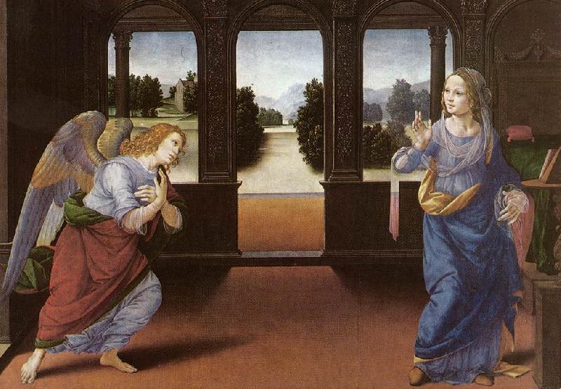 LORENZO DI CREDI Annunciation (detail) sg oil painting image